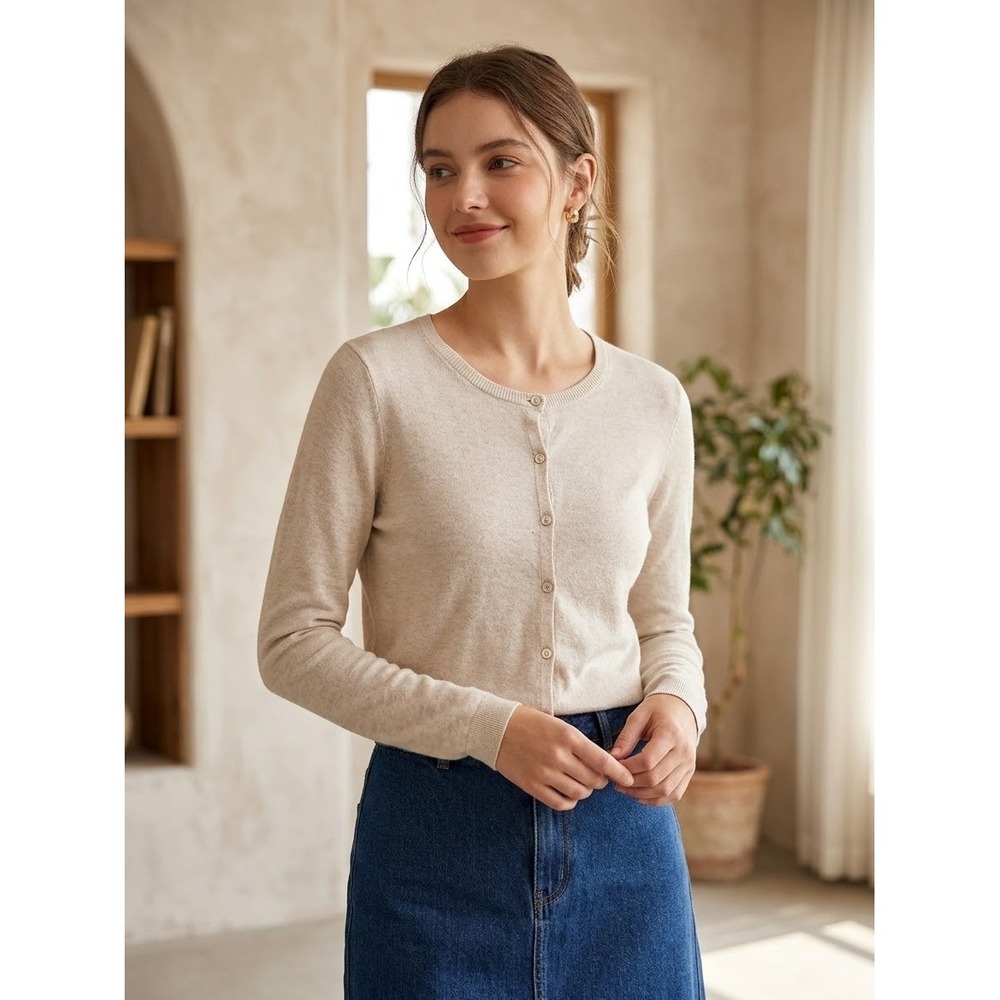 Zara Knit Womens Small Beige Button Front Crewneck Cardigan Sweater Oatmeal